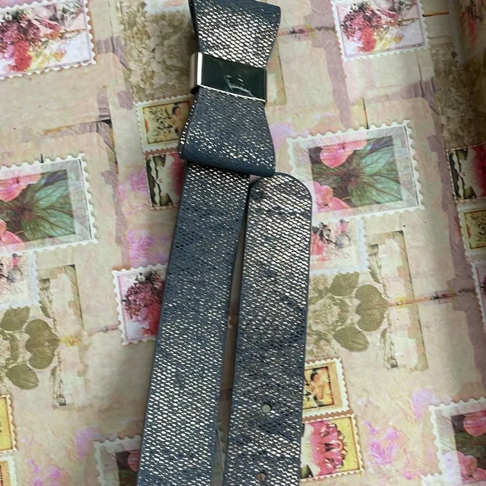 H &M Faux Leather Snake Skin Gray Gold Glitter Bow Belt #725950